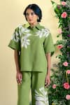 Origani_Green Linen Embroidery Collared Chanderi Silk Shirt And Pant Set _at_Aza_Fashions