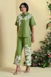 Origani_Green Linen Embroidery, Applique Collared Blend Shirt _Online_at_Aza_Fashions