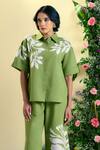 Buy_Origani_Green Linen Embroidery, Applique Collared Blend Shirt _at_Aza_Fashions
