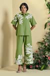 Shop_Origani_Green Linen Embroidery, Applique Collared Blend Shirt _Online_at_Aza_Fashions