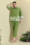 Buy_Origani_Green Linen Embroidery, Chains Collared Chanderi Silk Applique Shirt And Pant Set _at_Aza_Fashions