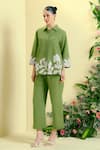 Buy_Origani_Green Linen Embroidery, Chains Collared Chanderi Silk Applique Shirt And Pant Set 