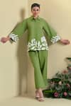 Origani_Green Linen Embroidery Collared Blend Shirt _Online_at_Aza_Fashions