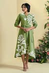 Buy_Origani_Green Linen Embroidery, Applique Round Neck Blend Dress _at_Aza_Fashions