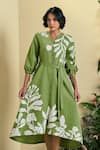 Origani_Green Linen Embroidery, Applique Round Neck Blend Dress _at_Aza_Fashions