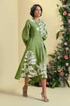Buy_Origani_Green Linen Embroidery, Applique Round Neck Blend Dress 