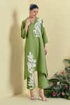 Buy_Origani_Green Linen Applique V-neck Embroidered Chanderi Silk Kurta Set _at_Aza_Fashions