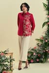 Buy_Origani_Red Linen Embroidery Collared Thread Blend Shirt Set _at_Aza_Fashions