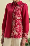 Origani_Red Linen Embroidery Collared Thread Blend Shirt Set _Online_at_Aza_Fashions