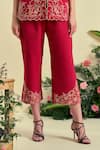 Origani_Red Linen Embroidery Thread Pant _at_Aza_Fashions