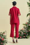 Shop_Origani_Red Linen Embroidery Collared Thread Shirt _at_Aza_Fashions
