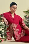 Buy_Origani_Red Linen Embroidery Collared Thread Shirt _at_Aza_Fashions