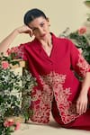 Shop_Origani_Red Linen Embroidery Collared Thread Shirt _Online_at_Aza_Fashions