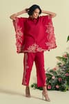 Buy_Origani_Red Linen Embroidery Collared Thread Shirt And Pant Set _Online_at_Aza_Fashions