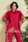 Shop_Origani_Red Linen Embroidery Collared Thread Shirt And Pant Set _Online_at_Aza_Fashions