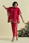 Origani_Red Linen Embroidery Thread Pant _Online_at_Aza_Fashions