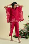 Buy_Origani_Red Linen Embroidery Thread Pant _at_Aza_Fashions