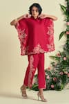 Origani_Red Linen Embroidery Thread Pant _at_Aza_Fashions