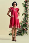 Buy_Origani_Red Linen Embroidery Round Neck Thread Dress _at_Aza_Fashions