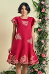 Shop_Origani_Red Linen Embroidery Round Neck Thread Dress _Online_at_Aza_Fashions