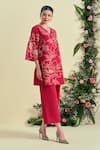 Origani_Red Linen Floral Embroidered Pant _Online_at_Aza_Fashions