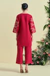 Shop_Origani_Red Linen Embroidery V-neck Thread Kurta _at_Aza_Fashions
