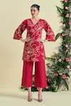 Buy_Origani_Red Linen Embroidery V-neck Thread Kurta _Online_at_Aza_Fashions
