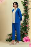 Shop_Origani_Off White Linen Embroidery Collared Blue And Thread Set _Online_at_Aza_Fashions