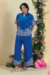 Buy_Origani_Blue Linen Embroidery Collared Thread Shirt And Pant Set _at_Aza_Fashions