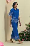 Origani_Blue Linen Embroidery Collared Thread Shirt _Online_at_Aza_Fashions