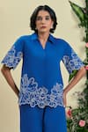 Buy_Origani_Blue Linen Embroidery Collared Thread Shirt _at_Aza_Fashions