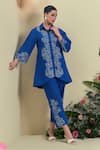 Origani_Blue Linen Embroidery Collared Thread Shirt _at_Aza_Fashions
