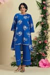 Origani_Blue Linen Embroidery Round Neck Thread Tunic _Online_at_Aza_Fashions
