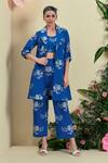 Buy_Origani_Blue Linen Embroidery Collared Thread Jacket _at_Aza_Fashions
