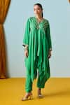 Buy_Prahnaaya_Green Crepe, Silk Beads, Sequins Round Neck Sage Asymmetric Kurta Set _at_Aza_Fashions