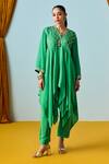 Prahnaaya_Green Crepe, Silk Beads, Sequins Round Neck Asymmetric Kurta Set _Online_at_Aza_Fashions