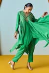 Buy_Prahnaaya_Green Crepe, Silk Beads, Sequins Round Neck Asymmetric Kurta Set _Online_at_Aza_Fashions