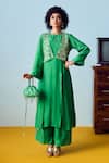 Buy_Prahnaaya_Green Crepe, Silk Beads, Sequins, Embroidery Round Tora Three-piece Jacket Set _at_Aza_Fashions