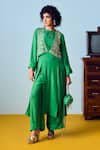Prahnaaya_Green Crepe, Silk Beads, Sequins, Embroidery Round Tora Three-piece Jacket Set _Online_at_Aza_Fashions