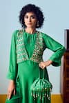 Shop_Prahnaaya_Green Crepe, Silk Beads, Sequins, Embroidery Round Tora Three-piece Jacket Set _Online_at_Aza_Fashions