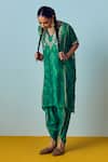 Prahnaaya_Green Crepe, Silk Embroidery, Beads Round Neck Sea Hand-embroidered Kaftan Set _Online_at_Aza_Fashions