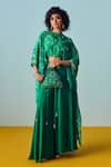 Prahnaaya_Green Crepe Embroidery, Beads Round Neck Sea Hi-low Top And Flared Palazzo Set _Online_at_Aza_Fashions