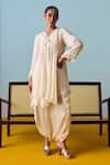 Buy_Prahnaaya_White Satin, Silk Beads, Pearls, Sequins Asymmetric Flared Tunic And Skirt Set _at_Aza_Fashions