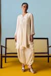 Shop_Prahnaaya_White Satin, Silk Beads, Pearls, Sequins Asymmetric Flared Tunic And Skirt Set _Online_at_Aza_Fashions