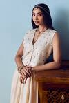 Shop Prahnaaya White Satin, Silk Round Neck Pearl Waistcoat And Skirt Set Online at Aza Fashions Shop_Prahnaaya_White Satin, Silk Round Neck Pearl Waistcoat And Skirt Set _Online_at_Aza_Fashions
