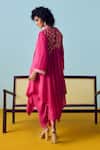 Prahnaaya_Pink Crepe, Silk Beads, Sequins V-neck Asymmetric Kurta Set _Online_at_Aza_Fashions