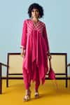 Buy_Prahnaaya_Pink Crepe, Silk Beads, Sequins V-neck Asymmetric Kurta Set _at_Aza_Fashions