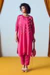 Buy_Prahnaaya_Pink Crepe, Silk Beads, Sequins, Pearls Round Neck Hand-embroidered Kurta Set _Online_at_Aza_Fashions