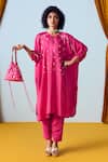 Buy_Prahnaaya_Pink Crepe, Silk Beads, Sequins, Pearls Round Neck Hand-embroidered Kurta Set _at_Aza_Fashions