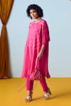Prahnaaya_Pink Crepe, Silk Beads, Sequins, Pearls Round Neck Hand-embroidered Kurta Set _at_Aza_Fashions